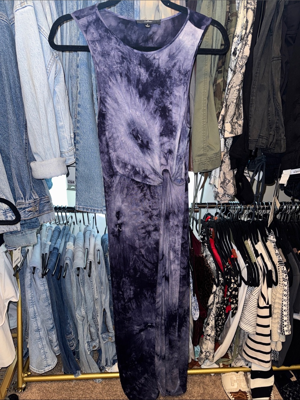 Lulu's Purple Tie-Dye Sleeveless Maxi Dress with Waist Tie